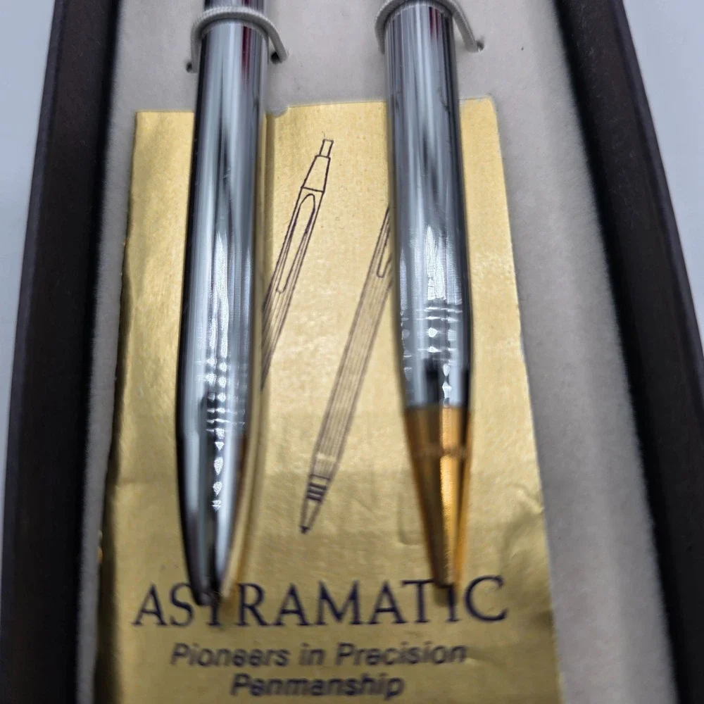 ASTRAMATIC Ballpoint Pens Set Chrome Gold Finish Vintage Penmanship Collection